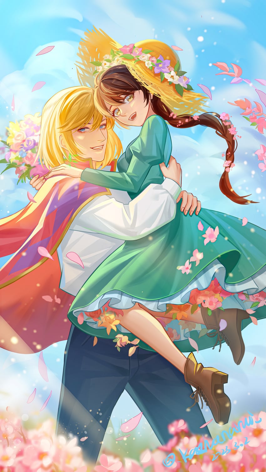 howl pendragon and sophie hatter (studio ghibli and 1 more) drawn by laomengfen