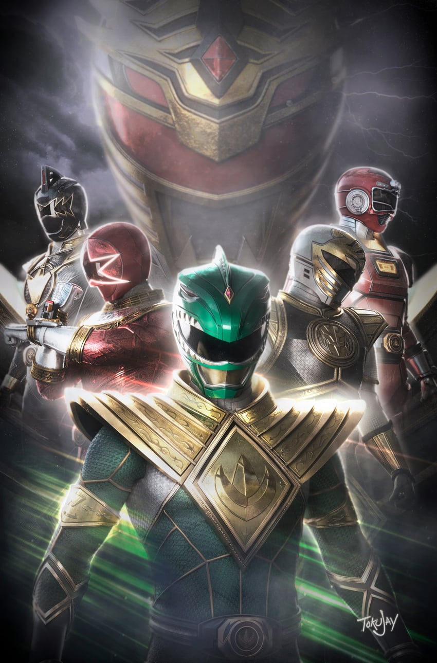 dragon ranger, mighty morphin green ranger, kiba ranger, mighty morphin white ranger, lord drakkon, and 8 more (real life and 12 more) drawn by tokujay