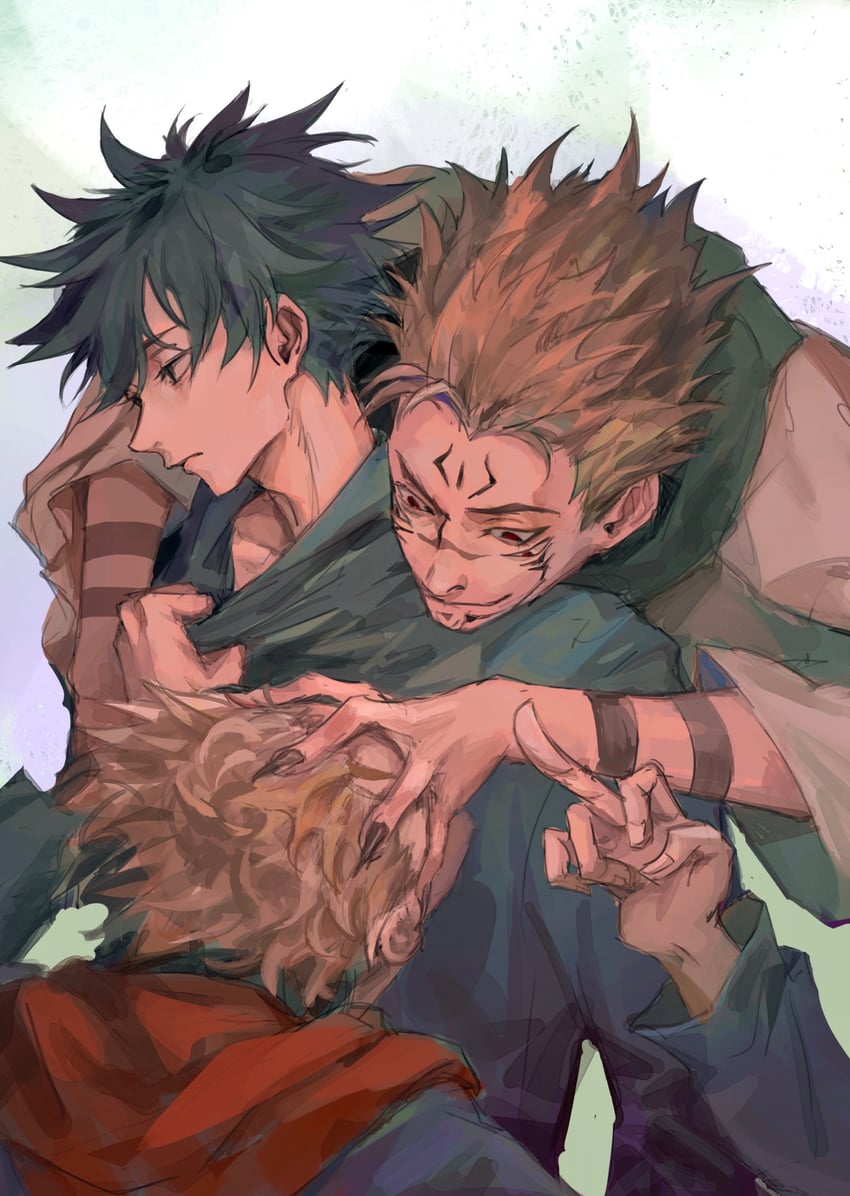 itadori yuuji, fushiguro megumi, and ryoumen sukuna (jujutsu kaisen) drawn by woshihedawei