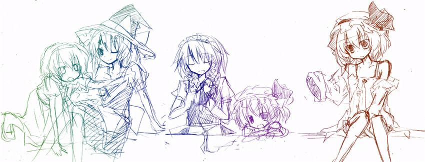 kirisame marisa, remilia scarlet, flandre scarlet, izayoi sakuya, and alice margatroid (touhou) drawn by sakusakumonoka