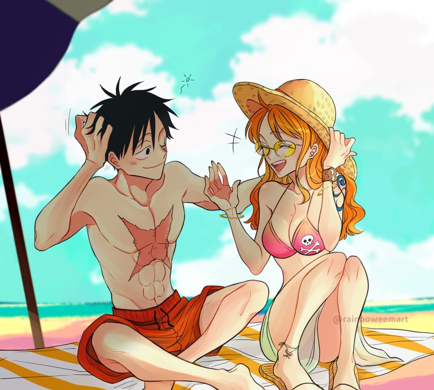 nami and monkey d. luffy (one piece) drawn by rainboweem