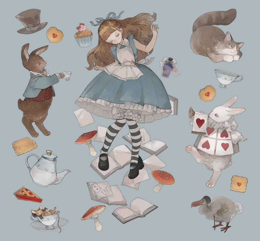 alice, white rabbit, cheshire cat, march hare, dormouse, and 1 more (alice's adventures in wonderland) drawn by nekosuke_(oxo)