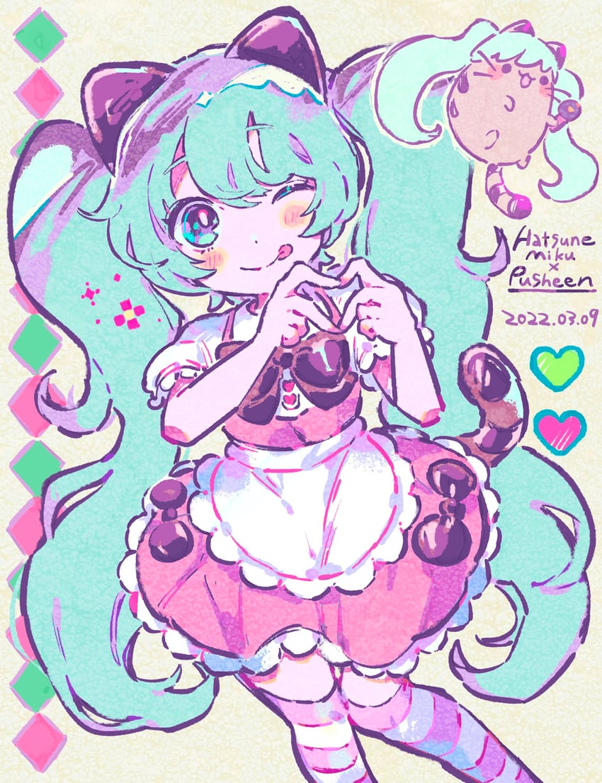 hatsune miku and pusheen the cat (vocaloid and 1 more) drawn by kiato