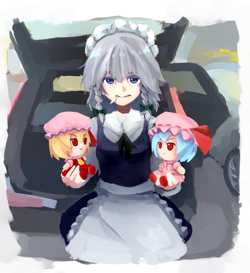 remilia scarlet, flandre scarlet, and izayoi sakuya (touhou) drawn by 4rdilla