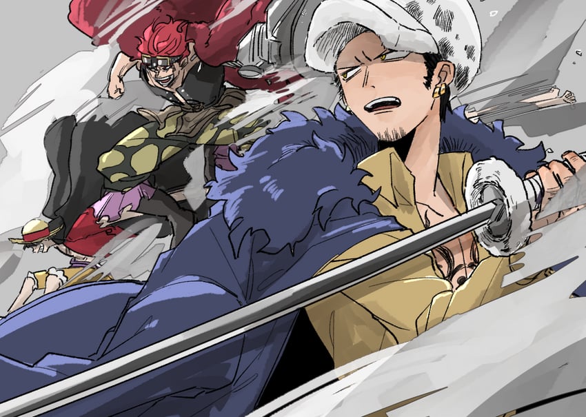 monkey d. luffy, trafalgar law, and eustass kid (one piece) drawn by mgmsop