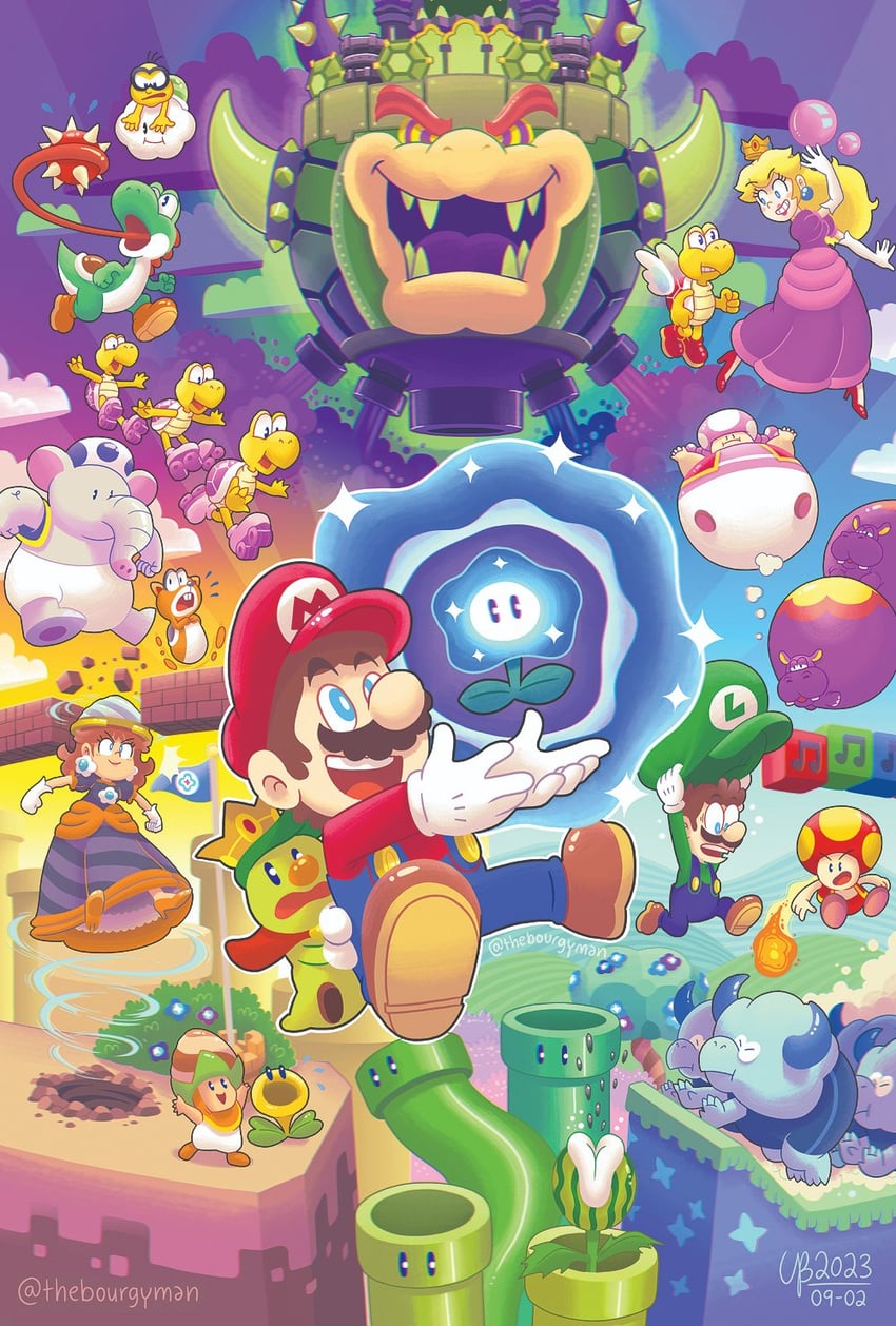 princess peach, mario, luigi, princess daisy, bowser, and 24 more (mario and 1 more) drawn by thebourgyman