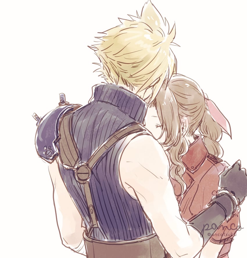 cloud strife and aerith gainsborough (final fantasy and 2 more) drawn by ancotsubu