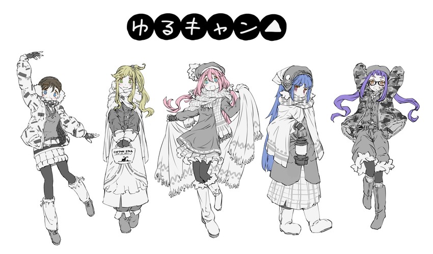 shima rin, kagamihara nadeshiko, inuyama aoi, oogaki chiaki, and saitou ena (yurucamp) drawn by andojing