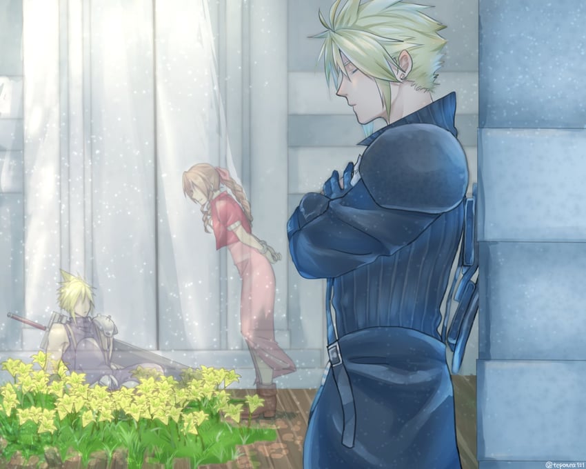cloud strife and aerith gainsborough (final fantasy and 2 more) drawn by rei_(teponea121)