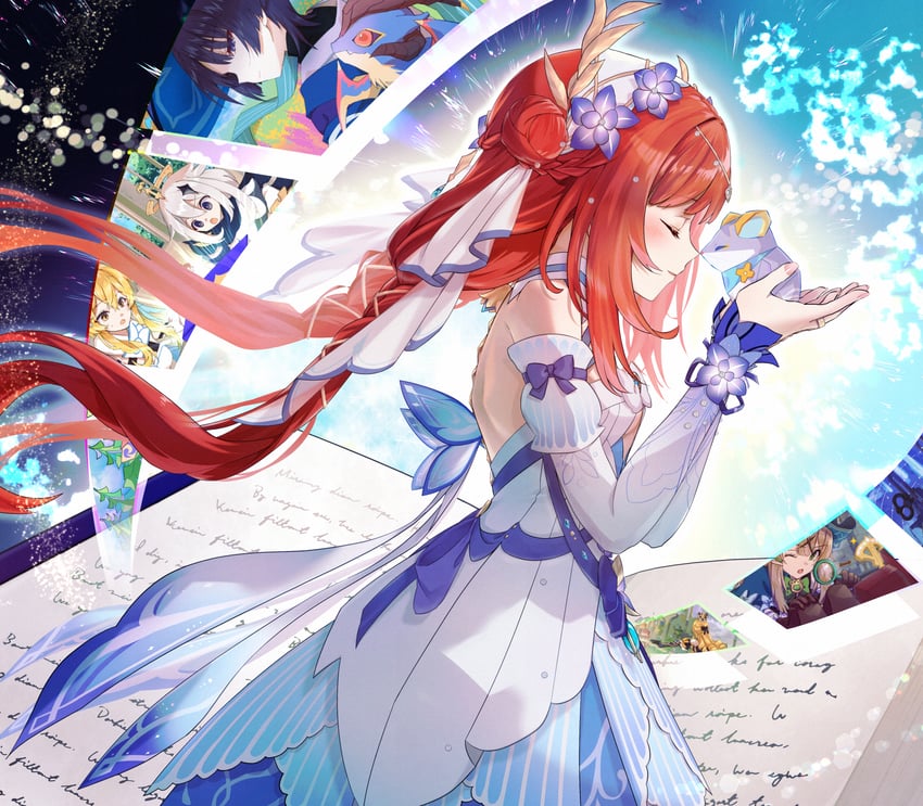 lumine, scaramouche, wanderer, paimon, navia, and 3 more (genshin impact) drawn by sora_(garakuta_waltz)