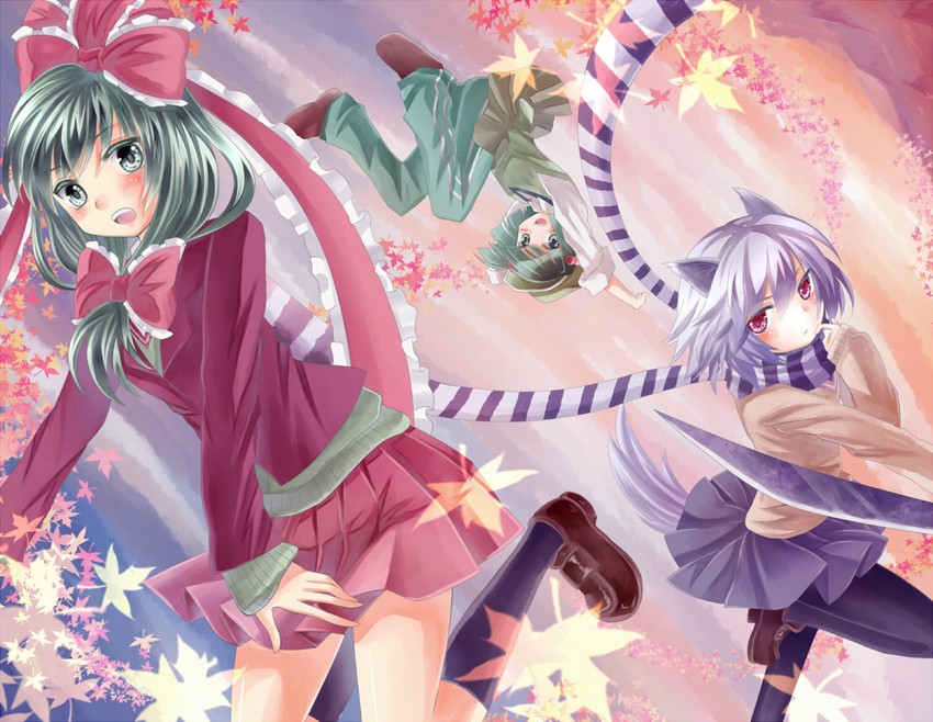inubashiri momiji, kawashiro nitori, and kagiyama hina (touhou) drawn by miyakure