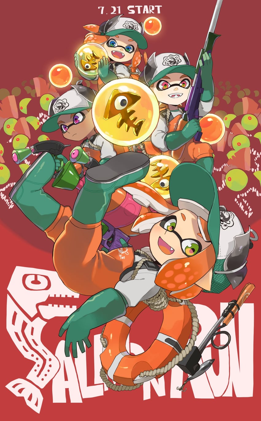 inkling player character, inkling girl, inkling boy, and chum (splatoon and 1 more) drawn by kinagi_(3307377)