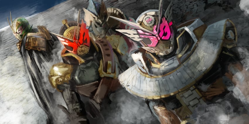 kamen rider zi-o, kamen rider zi-o ohmaform, kamen rider zonjis, kamen rider zamonas, and kamen rider barlckxs (kamen rider and 2 more) drawn by yygnzm