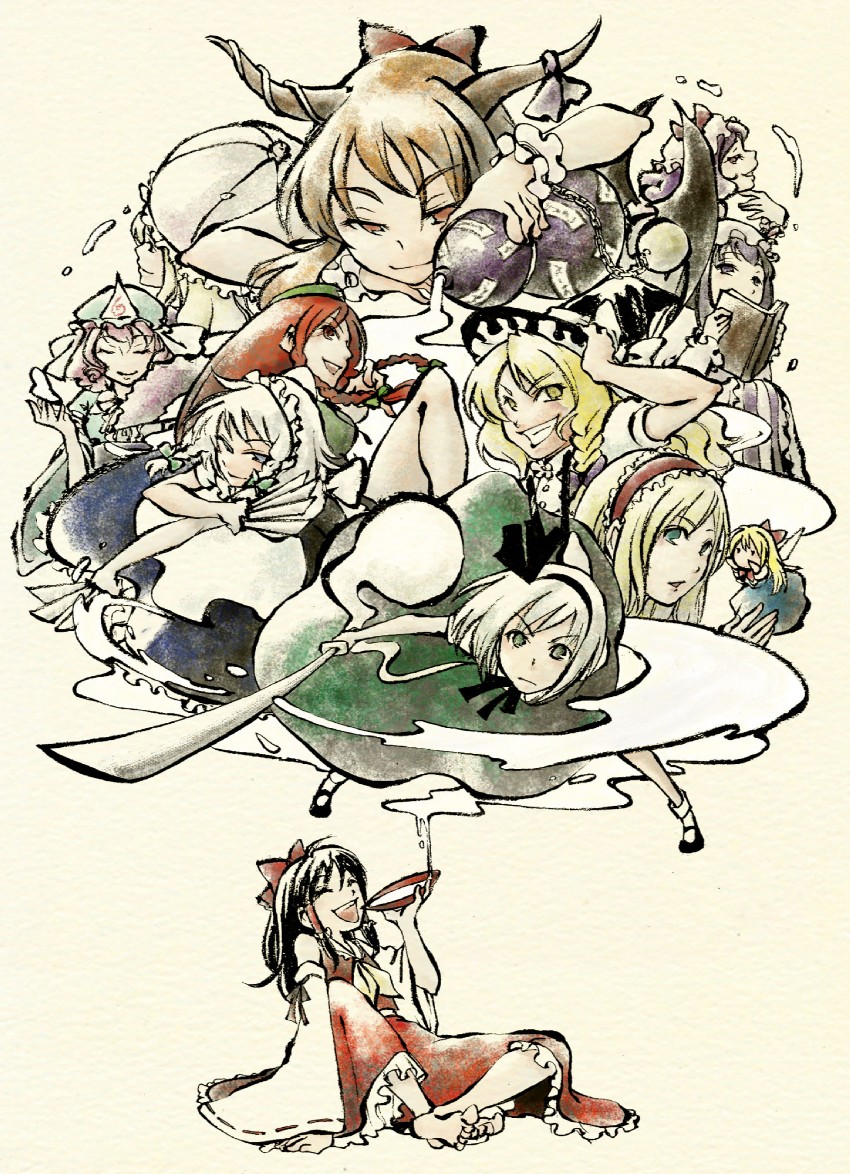 hakurei reimu, kirisame marisa, remilia scarlet, izayoi sakuya, konpaku youmu, and 6 more (touhou) drawn by shou_shishi
