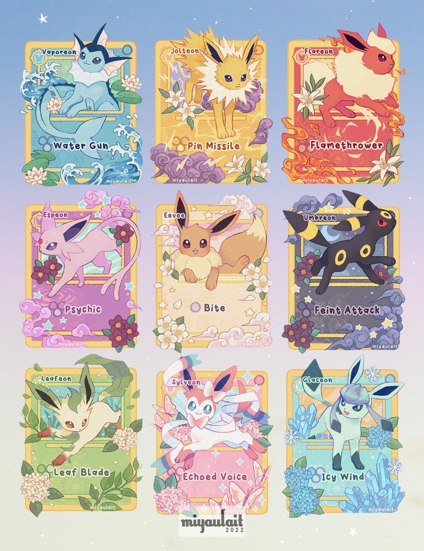 eevee, sylveon, umbreon, glaceon, vaporeon, and 4 more (pokemon and 1 more) drawn by miyaulait