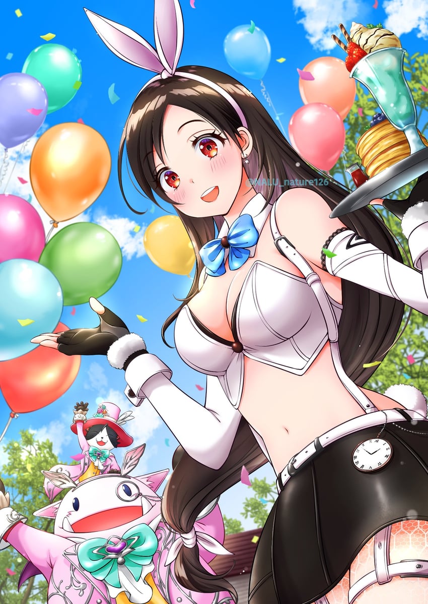 tifa lockhart, moogle, and cait sith (final fantasy and 2 more) drawn by nalu