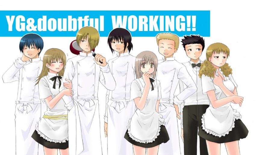todoroki yachiyo, satou jun, souma hiroomi, muranushi sayuri, adachi masahiro, and 3 more (working!!) drawn by takatsu_karino