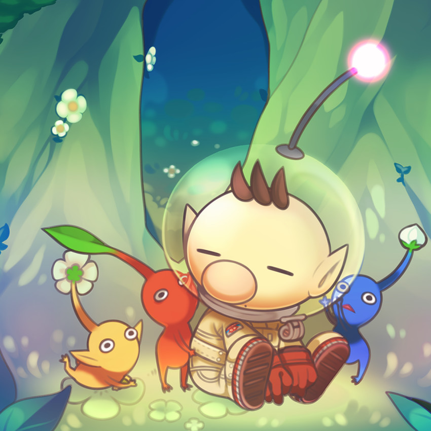 red pikmin, olimar, yellow pikmin, and blue pikmin (pikmin) drawn by kashiri_kurosuke