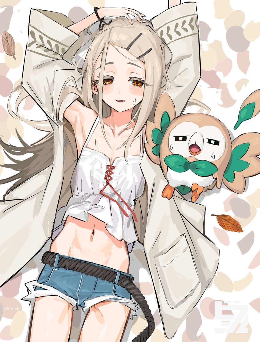 shinosawa hiro and rowlet (pokemon and 2 more) drawn by bfmelu