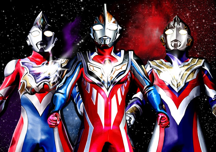 ultraman gaia, ultraman trigger, and ultraman decker (ultra series and 3 more) drawn by 4ze_meteor