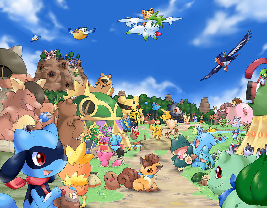 pikachu, eevee, piplup, bulbasaur, meowth, and 38 more (pokemon and 2 more) drawn by ibui_matsumoto