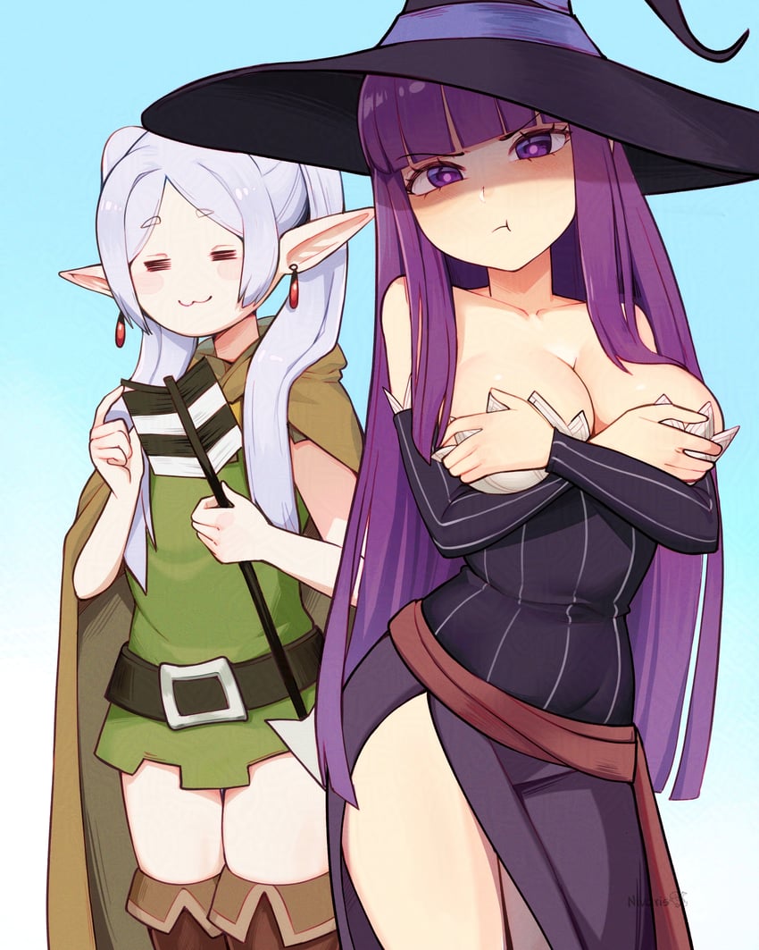 frieren, fern, sorceress, and elf (sousou no frieren and 1 more) drawn by sunset_nivaris