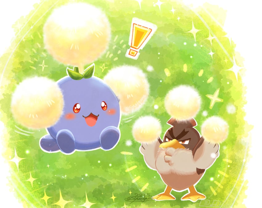 jumpluff and galarian farfetch'd (pokemon) drawn by shuri_(syurigame)