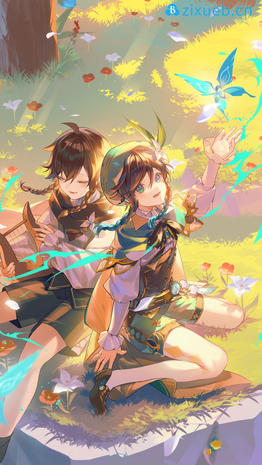 venti, crystalfly, and nameless bard (genshin impact) drawn by sainome_(imveryfinethx)