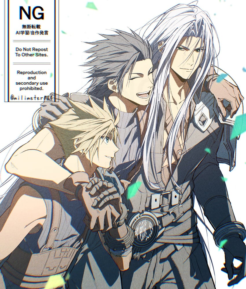 cloud strife, sephiroth, and zack fair (final fantasy and 2 more) drawn by yunyunonigiri