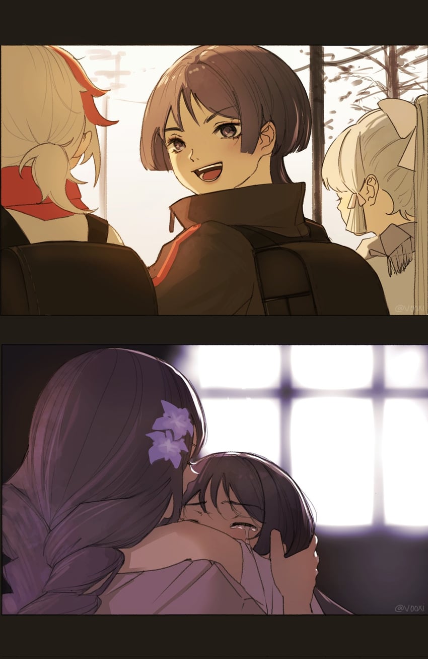 raiden shogun, scaramouche, kamisato ayaka, and kaedehara kazuha (genshin impact) drawn by v00xi