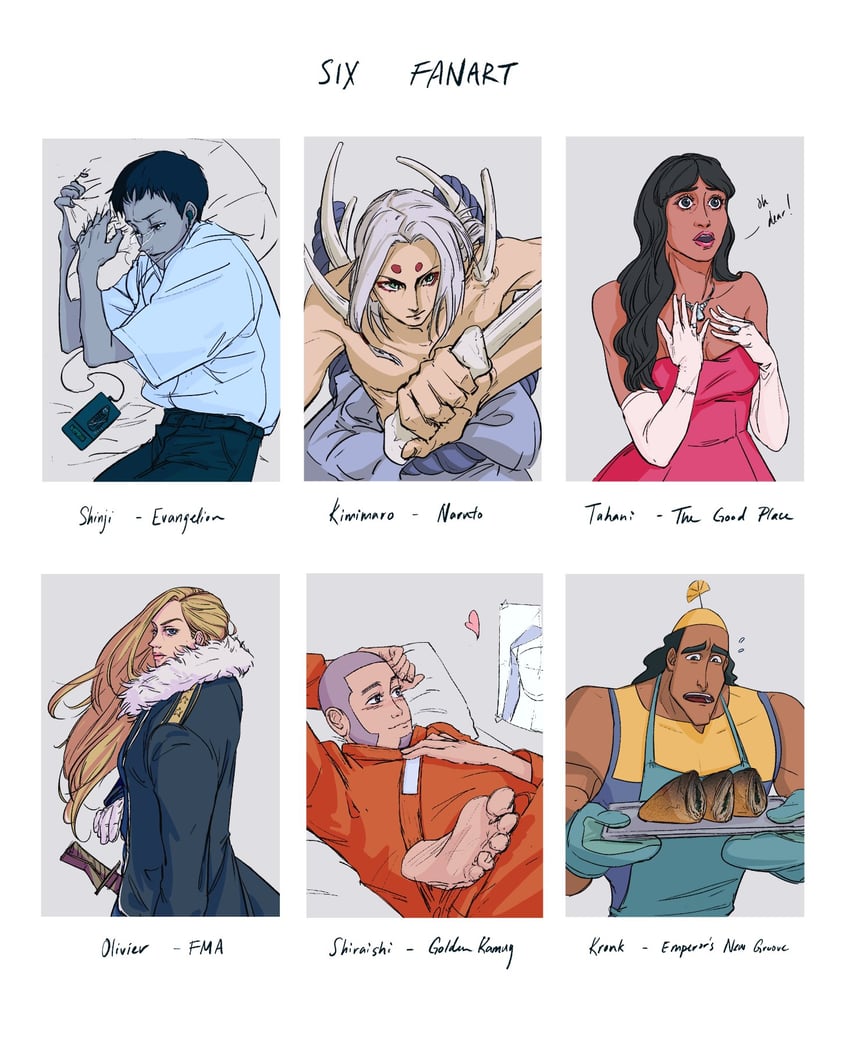 ikari shinji, shiraishi yoshitake, olivier mira armstrong, kaguya kimimaro, kronk, and 1 more (neon genesis evangelion and 5 more) drawn by claudia_fung11