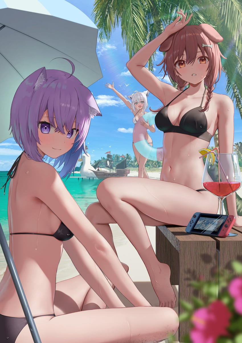 houshou marine, shirakami fubuki, nekomata okayu, oozora subaru, inugami korone, and 1 more (hololive) drawn by tataki_worker