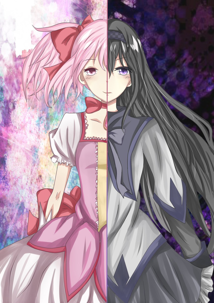 akemi homura and kaname madoka (mahou shoujo madoka magica) drawn by kong_xiang
