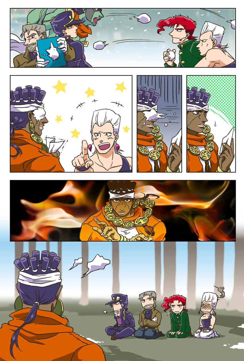 joseph joestar, kujo jotaro, kakyoin noriaki, jean pierre polnareff, star platinum, and 1 more (jojo no kimyou na bouken and 1 more) drawn by morishita_shou