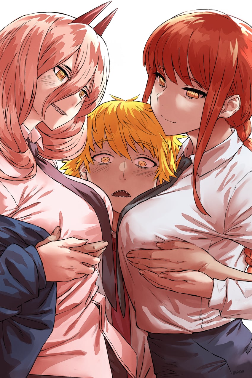 makima, power, and denji (chainsaw man) drawn by haraya_manawari