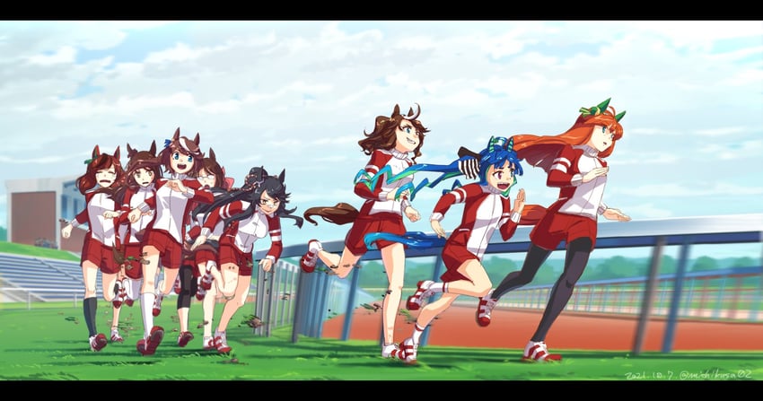 tokai teio, silence suzuka, nice nature, twin turbo, narita brian, and 1 more (umamusume) drawn by takuzui