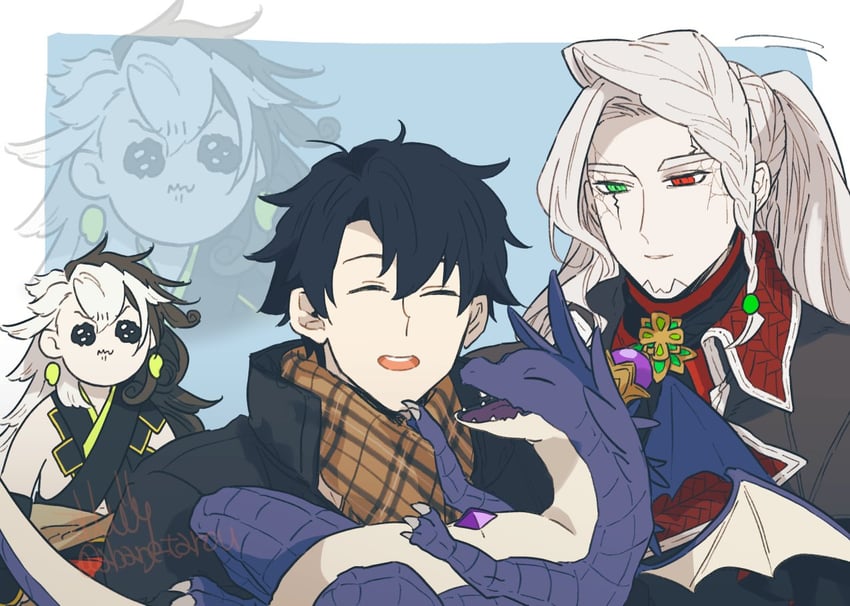 fujimaru ritsuka, ashiya douman, and alessandro di cagliostro (fate and 1 more) drawn by mushitori_(pixiv261122)
