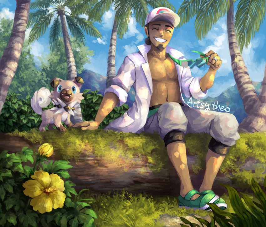 rockruff and professor kukui (pokemon and 1 more) drawn by artsy-theo