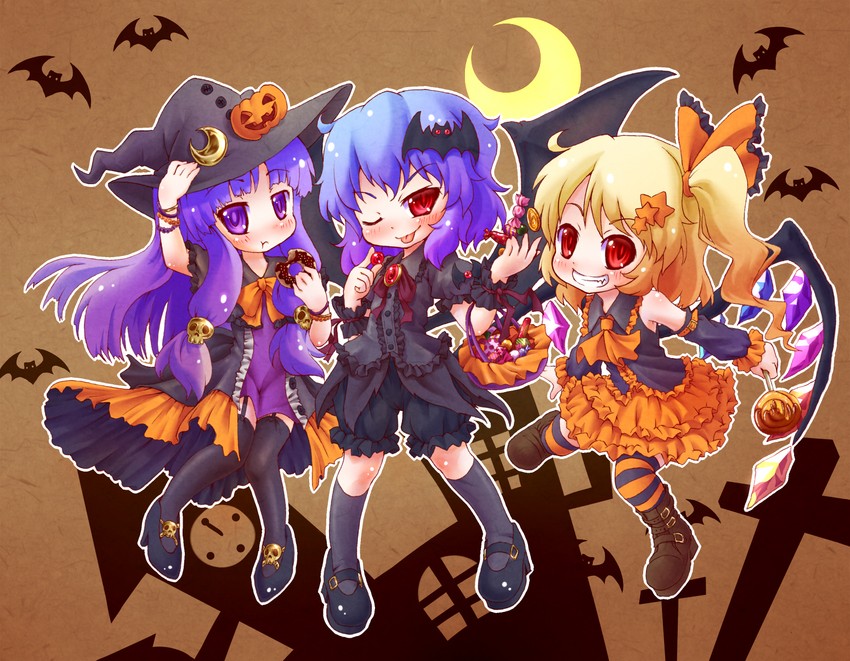 remilia scarlet, flandre scarlet, and patchouli knowledge (touhou) drawn by arinu