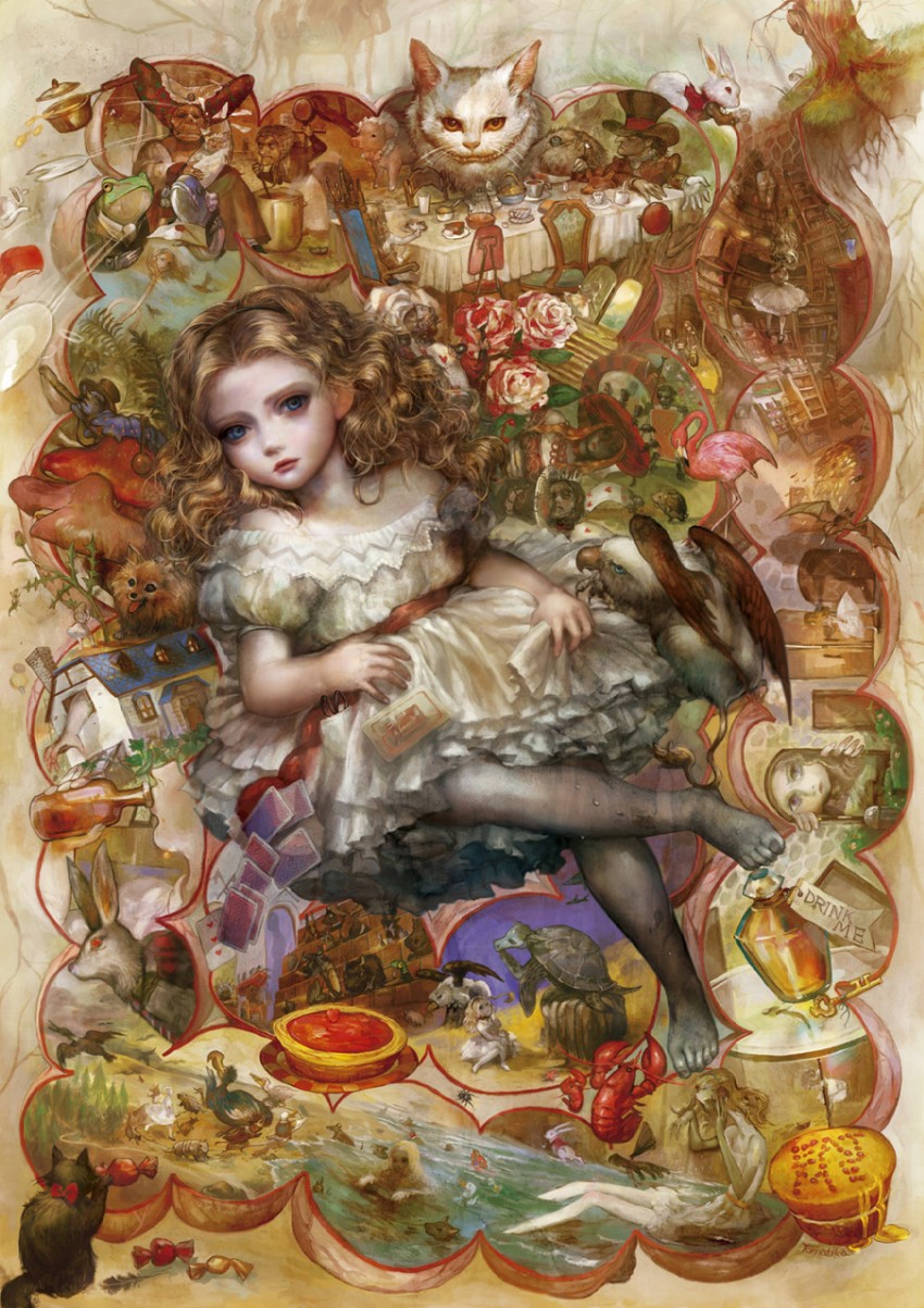 white rabbit, cheshire cat, mad hatter, march hare, caterpillar, and 6 more (alice's adventures in wonderland) drawn by tomatika