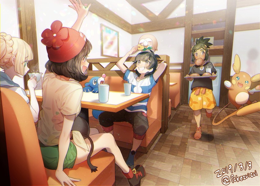 lillie, selene, rowlet, elio, popplio, and 3 more (pokemon and 1 more) drawn by zuizi