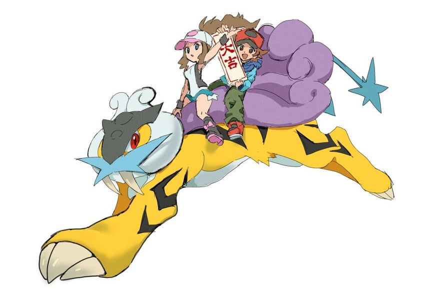 hilda, hilbert, and raikou (pokemon and 1 more) drawn by nyagiratwist