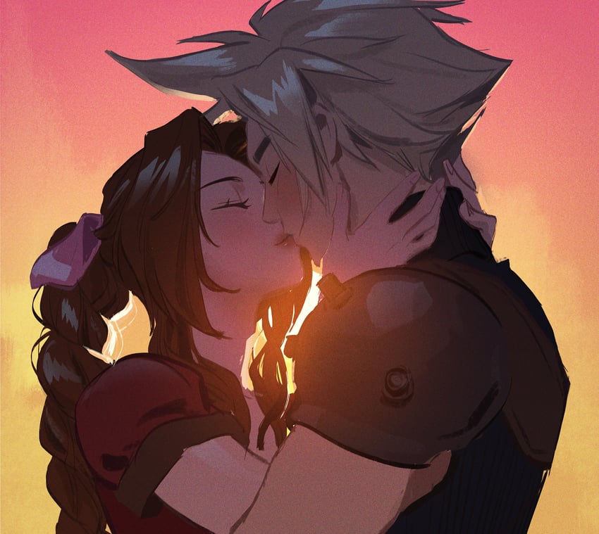cloud strife and aerith gainsborough (final fantasy and 1 more) drawn by mingjue_helen_chen