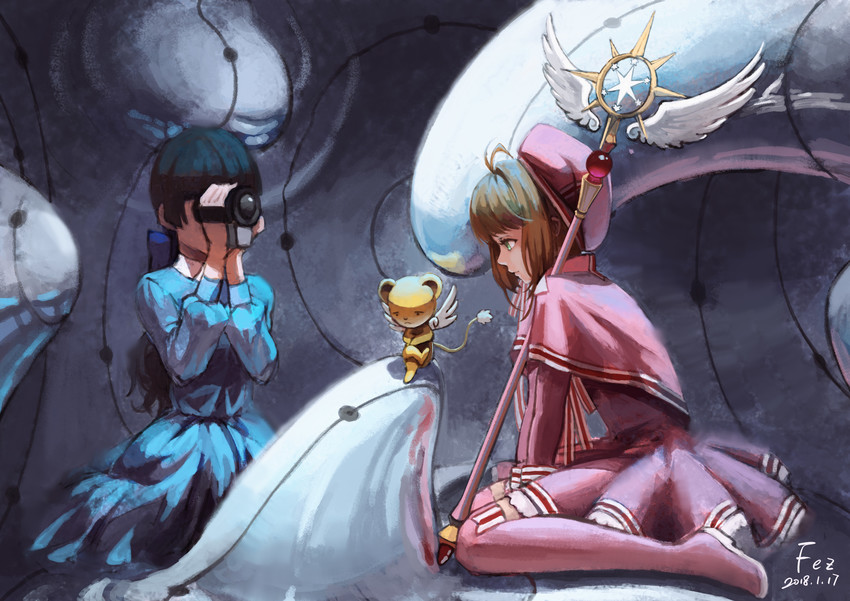 kinomoto sakura, kero, and daidouji tomoyo (cardcaptor sakura and 1 more) drawn by xiaobanbei_milk