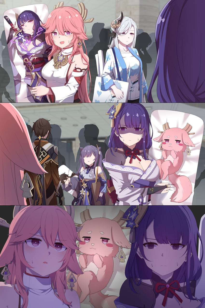 raiden shogun, yae miko, zhongli, keqing, shenhe, and 1 more (genshin impact) drawn by hayarob