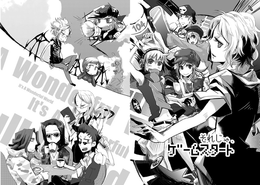 sakuraba neku, misaki shiki, nyantan, bito daisukenojo, kiryu yoshiya, and 8 more (subarashiki kono sekai) drawn by mebu