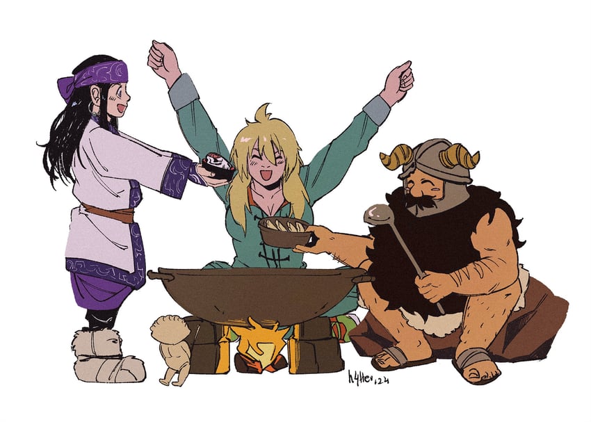 senshi, asirpa, and nikaidou (dungeon meshi and 2 more) drawn by h4tter
