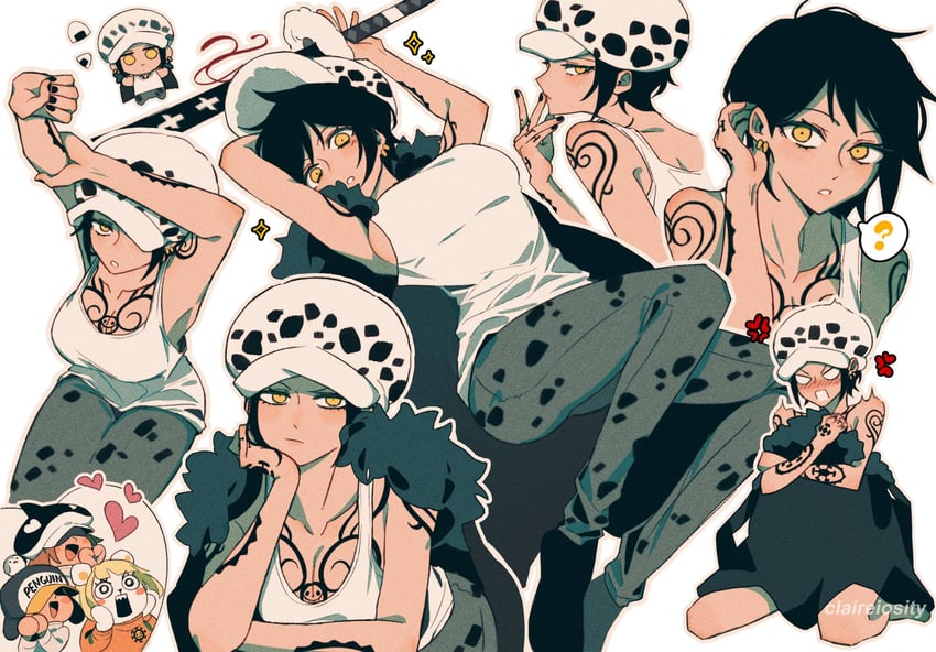trafalgar law, law-chan, bepo, penguin, and shachi (one piece) drawn by claireiosity