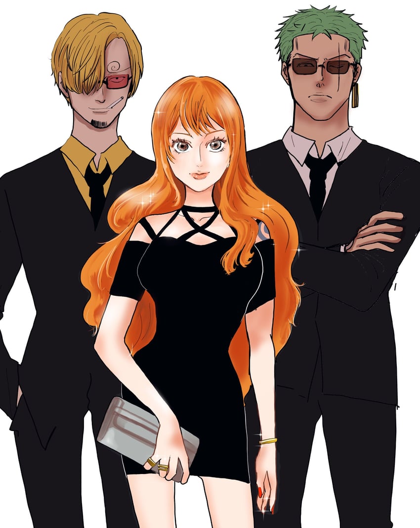 nami, roronoa zoro, and sanji (one piece) drawn by mihana07
