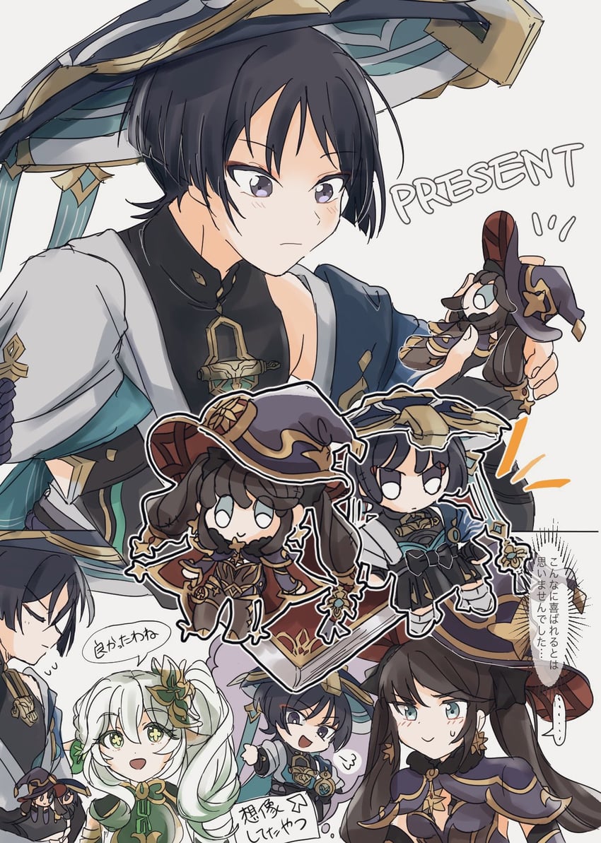 scaramouche, nahida, wanderer, and mona (genshin impact) drawn by iris_hapic